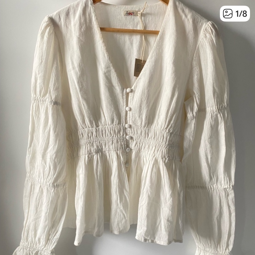 Faherty Cream Peasant Blouse Button Front Long Sleeve Top S NWT